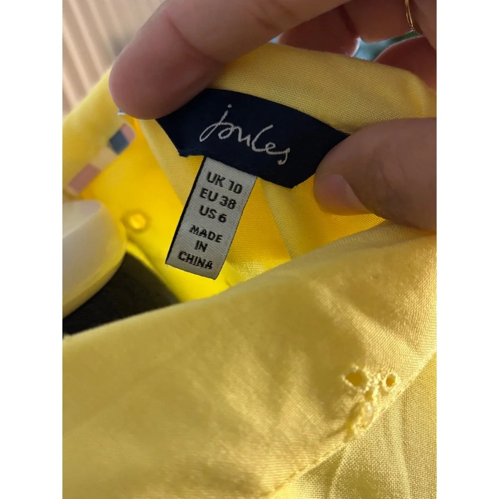 Joules‎ Yellow Eyelet Button Front Midi Dress Shirt Dress Elastic Waist Size 6 - Picture 8 of 10